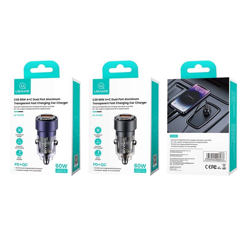 USAMS US-CC208 C39 60W USB + Type-C Dual Port Fast Charging Aluminum Alloy Transparent Car Charger(P