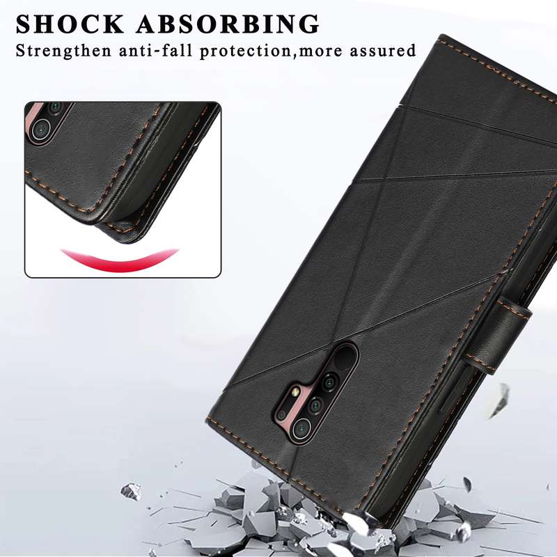 For Xiaomi Redmi 9 PU Genuine Leather Texture Embossed Line Phone Case(Black)