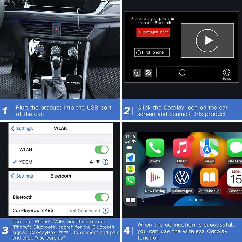 USB + USB-C / Type-C Wired to Wireless Carplay Adapter(Black)