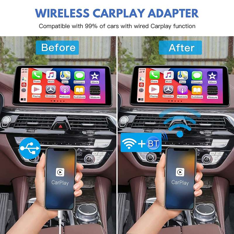 USB + USB-C / Type-C Wired to Wireless Carplay Adapter(Black)