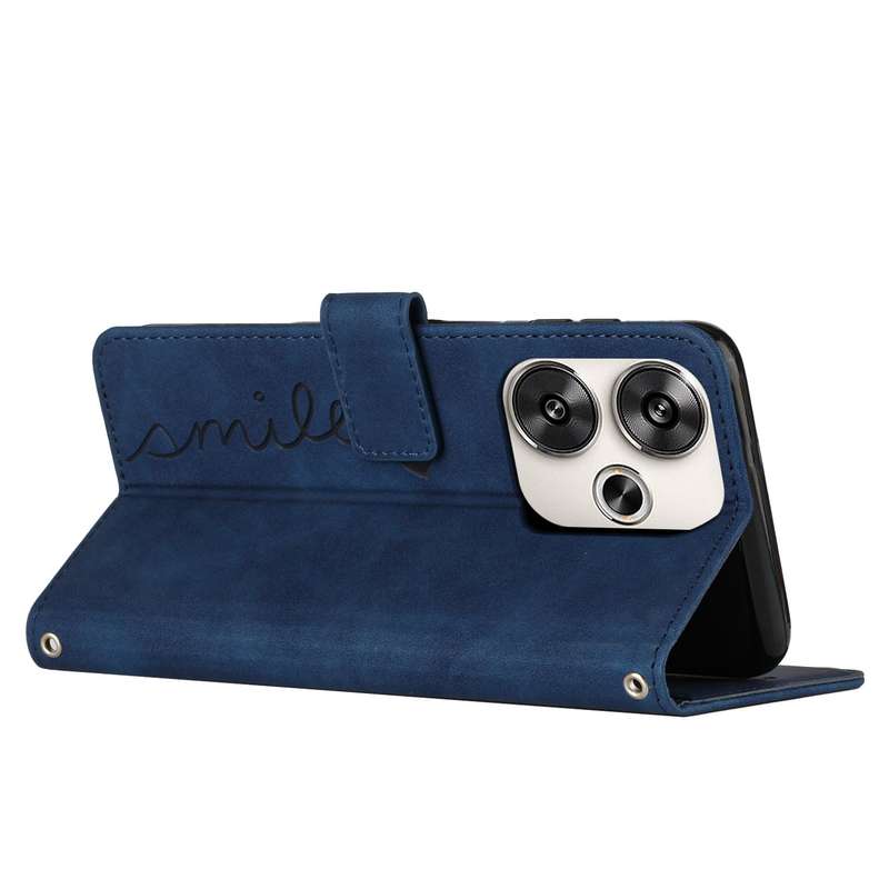 For Xiaomi Redmi Turbo 3 Skin Feel Heart Embossed Leather Phone Case with Long Lanyard(Blue)