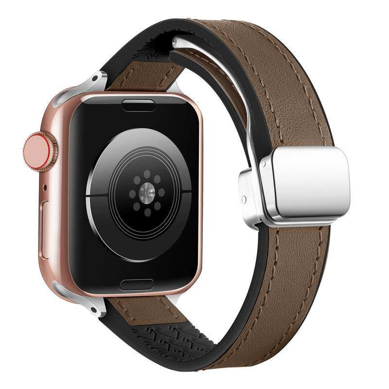 For Apple Watch Series 2 38mm Magnetic Folding Leather Silicone Watch Band(Dark Brown)