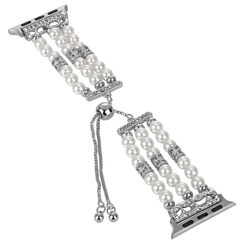 For Apple Watch Ultra 49mm Beaded Pearl Retractable Chain Watch Band(White)