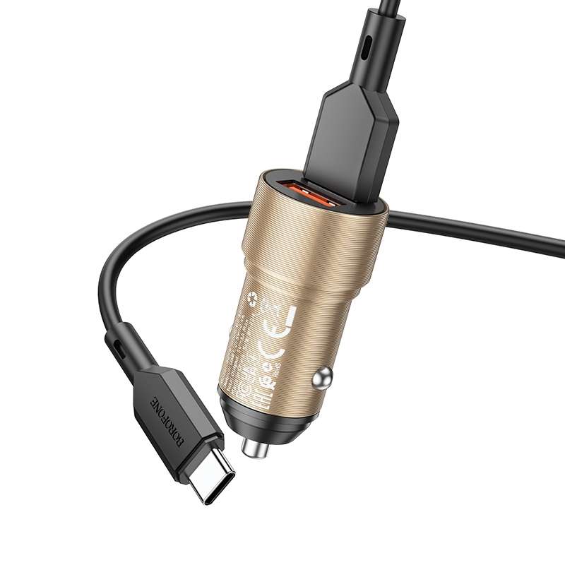 BOROFONE BZ19 Wisdom Dual USB Ports Car Charger with USB to Type-C Cable(Gold)