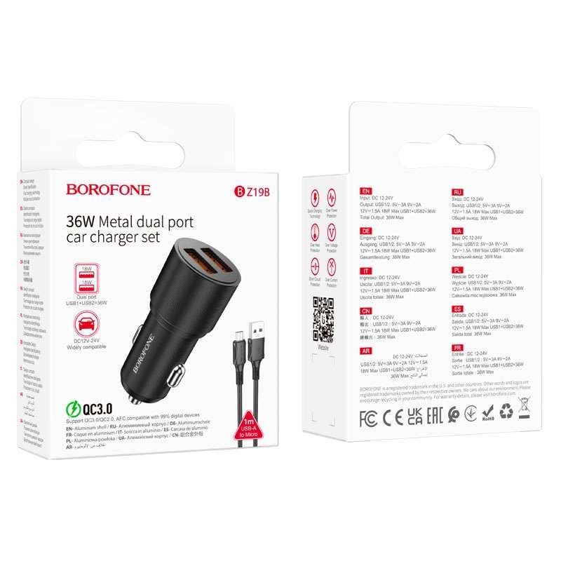 BOROFONE BZ19B Wisdom QC3.0 Dual USB Ports Fast Charging Car Charger with USB to Micro USB Cabl