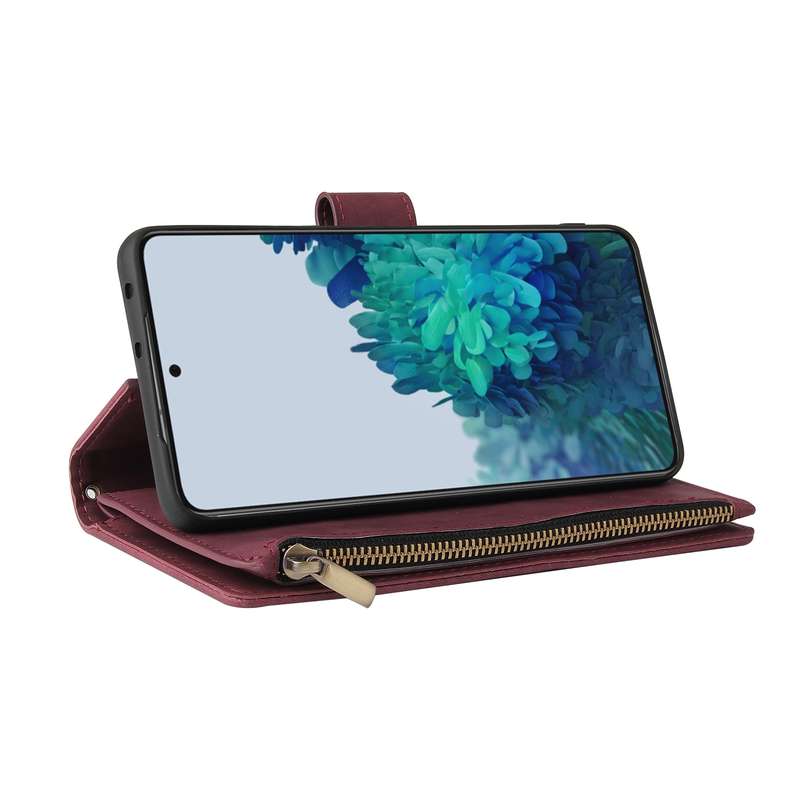For Samsung Galaxy S21 Ultra 5G Multifunctional Frosted Zipper Wallet Leather Phone Case(Wine R