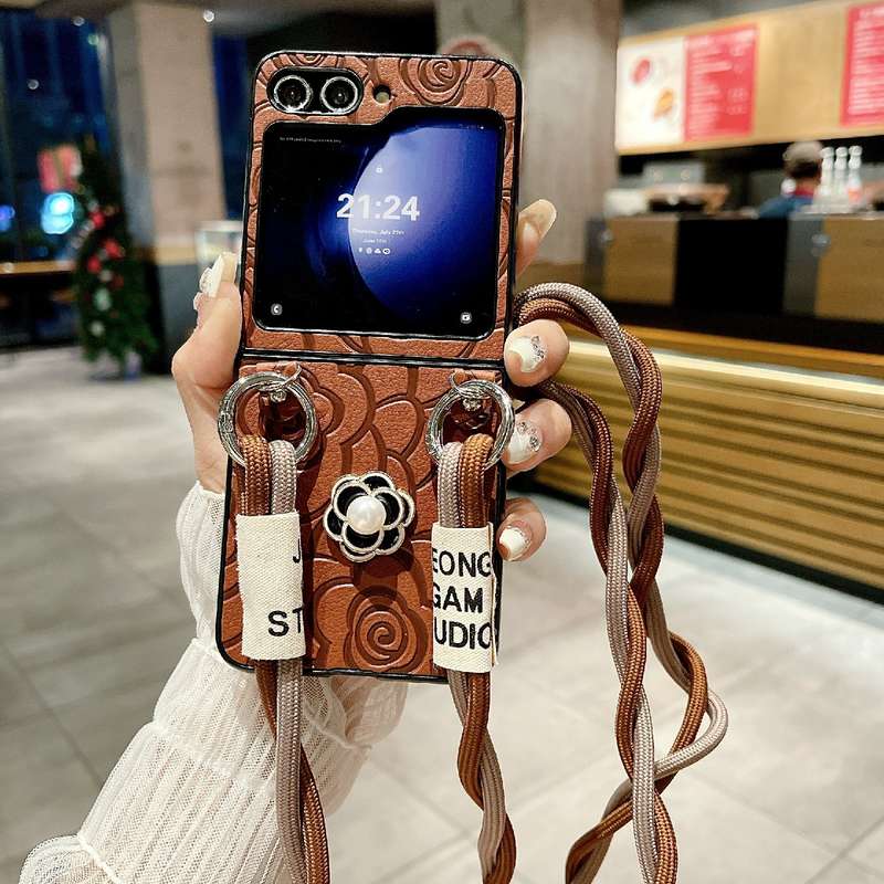 For Samsung Galaxy Z Flip4 5G Impression Camellia Pattern Protective Phone Case with Long Lanyard(Pi