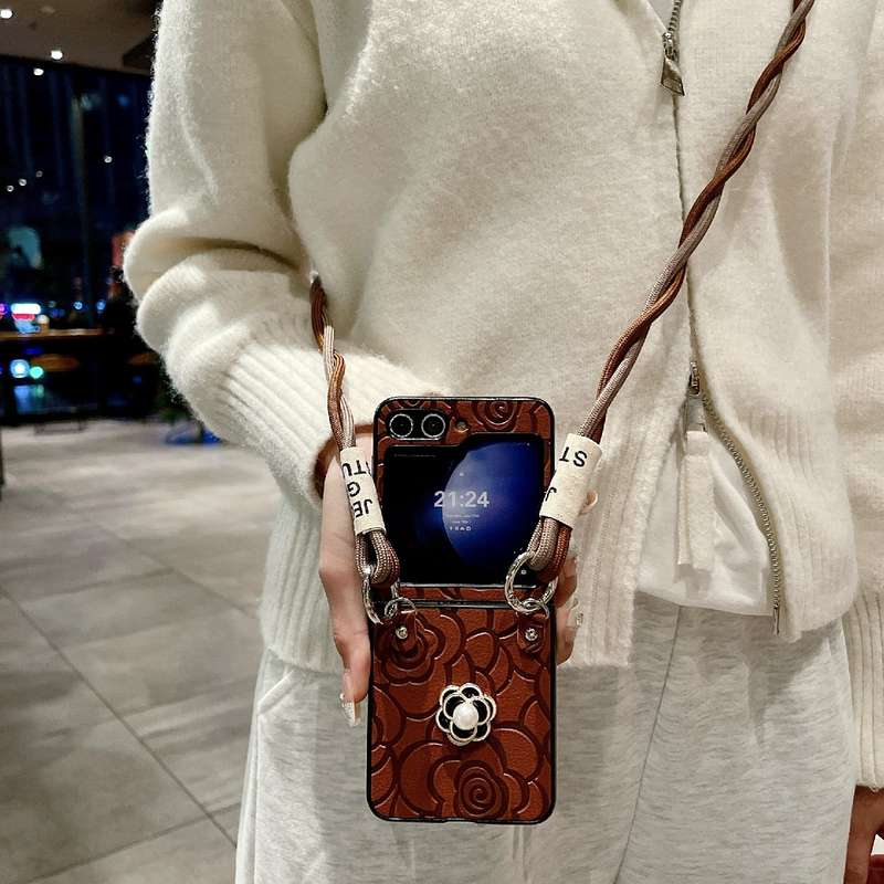 For Samsung Galaxy Z Flip4 5G Impression Camellia Pattern Protective Phone Case with Long Lanyard(Pi
