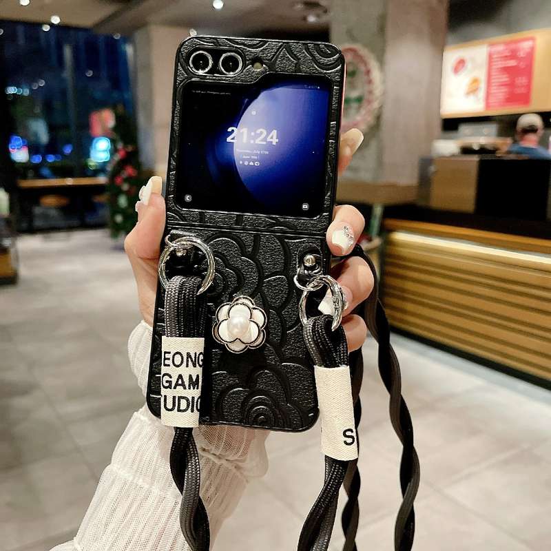 For Samsung Galaxy Z Flip4 5G Impression Camellia Pattern Protective Phone Case with Long Lanyard(Pi