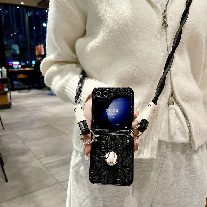 For Samsung Galaxy Z Flip4 5G Impression Camellia Pattern Protective Phone Case with Long Lanyard(Pi