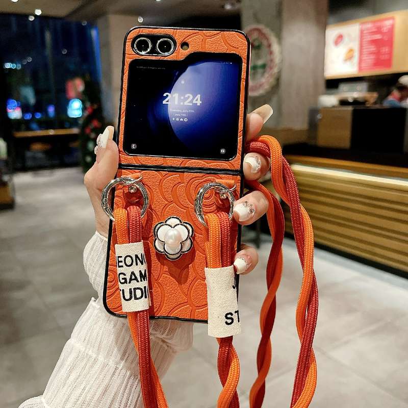 For Samsung Galaxy Z Flip4 5G Impression Camellia Pattern Protective Phone Case with Long Lanyard(Pi