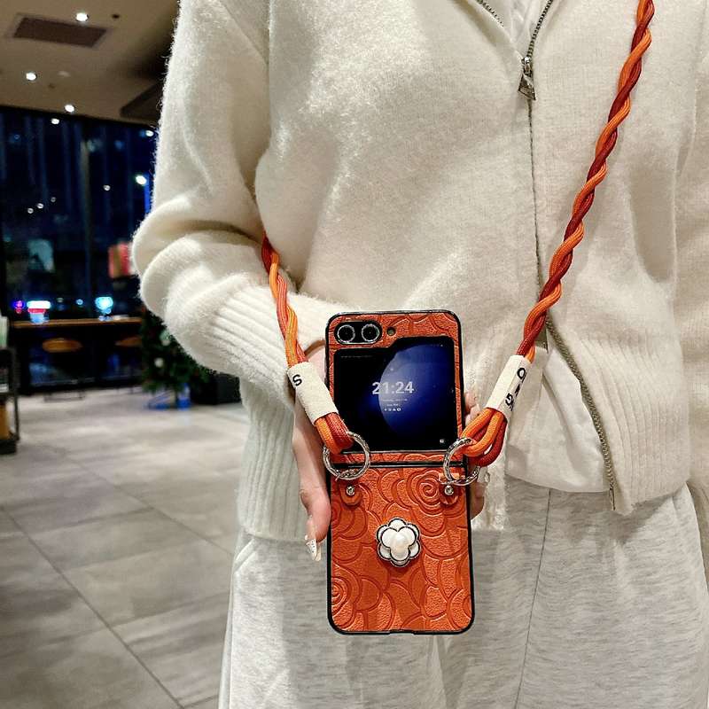 For Samsung Galaxy Z Flip4 5G Impression Camellia Pattern Protective Phone Case with Long Lanyard(Pi