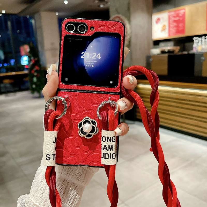 For Samsung Galaxy Z Flip4 5G Impression Camellia Pattern Protective Phone Case with Long Lanyard(Pi