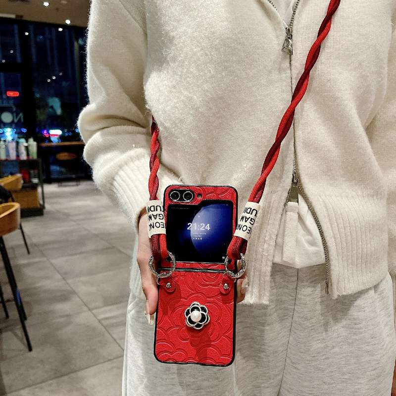 For Samsung Galaxy Z Flip4 5G Impression Camellia Pattern Protective Phone Case with Long Lanyard(Pi