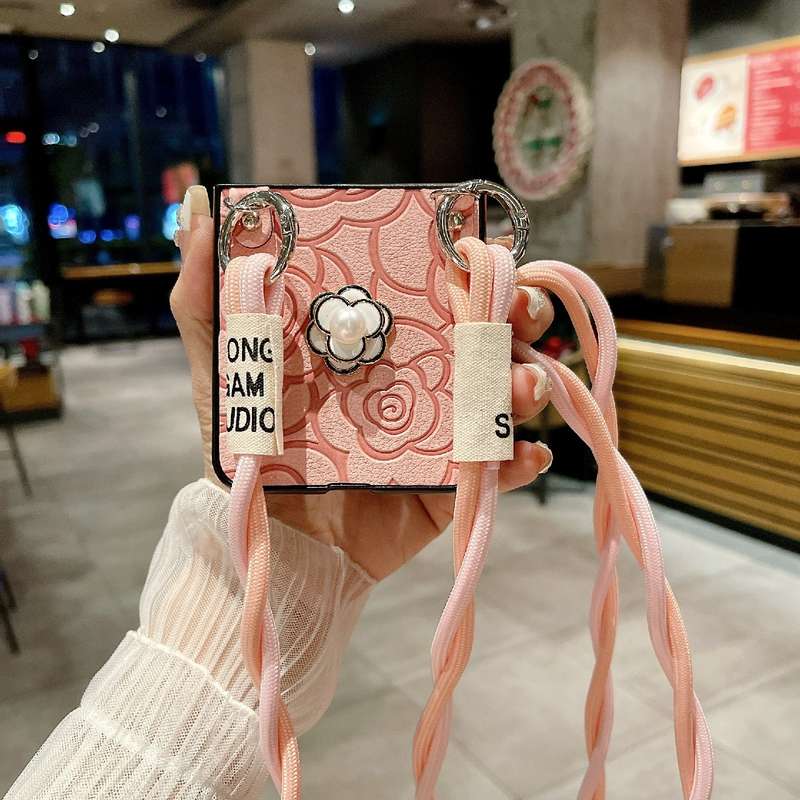 For Samsung Galaxy Z Flip6 Impression Camellia Pattern Protective Phone Case with Long Lanyard(