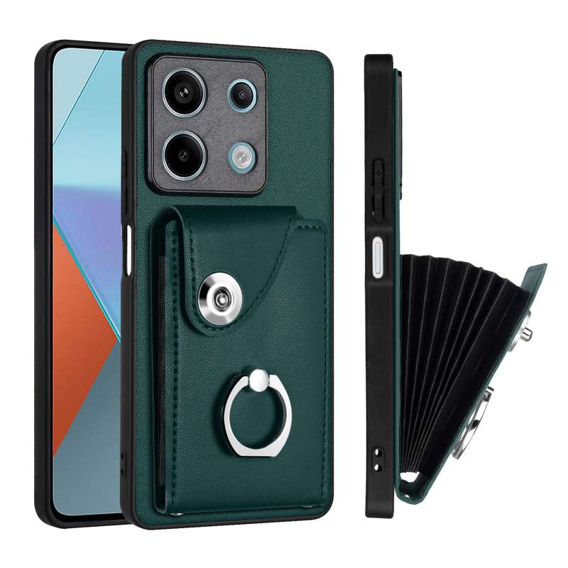For Xiaomi Redmi Note 13 5G Global Organ Card Bag Ring Holder PU Phone Case(Green)