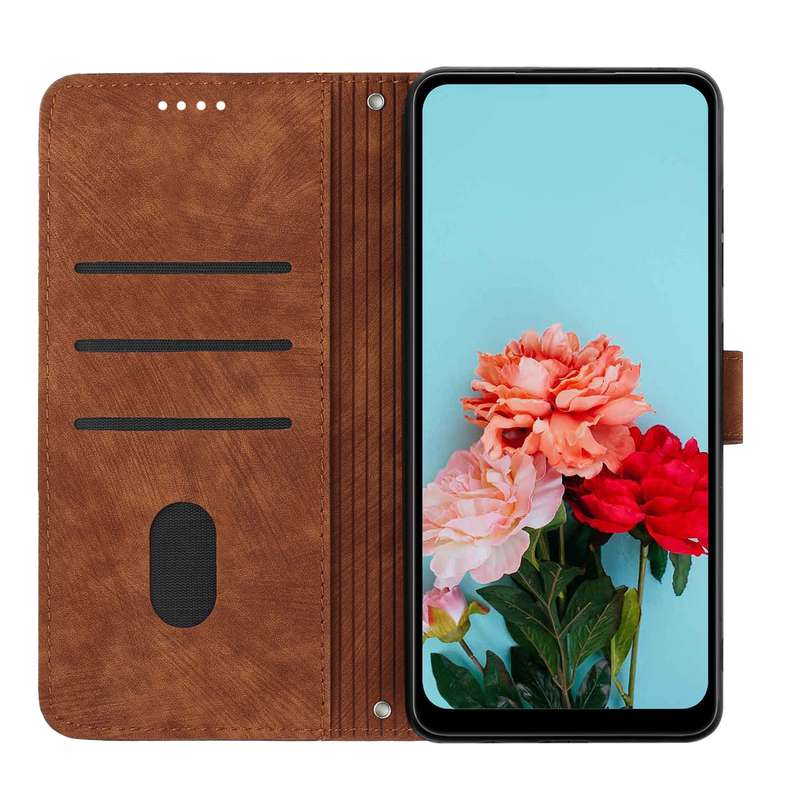 For OPPO Reno11 5G Global Skin Feel Stripe Pattern Leather Phone Case with Long Lanyard(Brown)