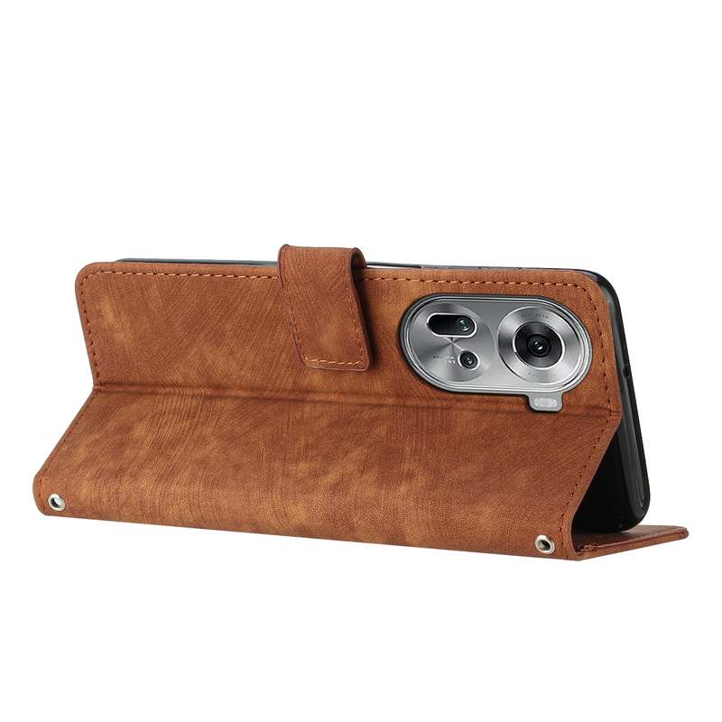 For OPPO Reno11 5G Global Skin Feel Stripe Pattern Leather Phone Case with Long Lanyard(Brown)