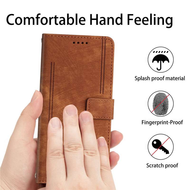 For OPPO Reno11 5G Global Skin Feel Stripe Pattern Leather Phone Case with Long Lanyard(Brown)