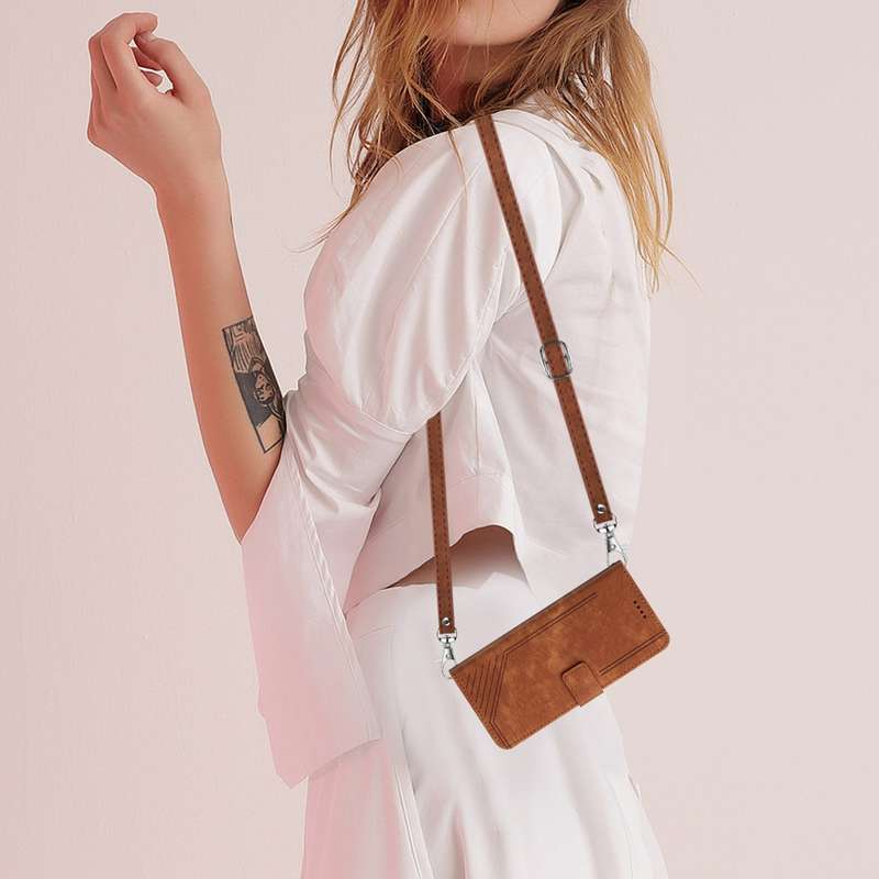 For OPPO Reno11 5G Global Skin Feel Stripe Pattern Leather Phone Case with Long Lanyard(Brown)