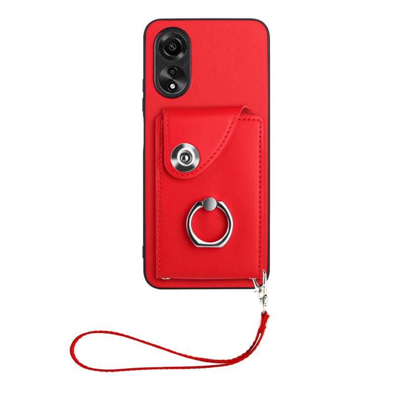 For OPPO A58 4G Global Organ Card Bag Ring Holder PU Phone Case with Lanyard(Pink)
