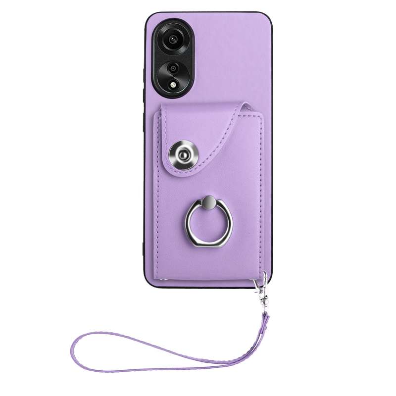 For OPPO A78 4G Global Organ Card Bag Ring Holder PU Phone Case with Lanyard(Pink)