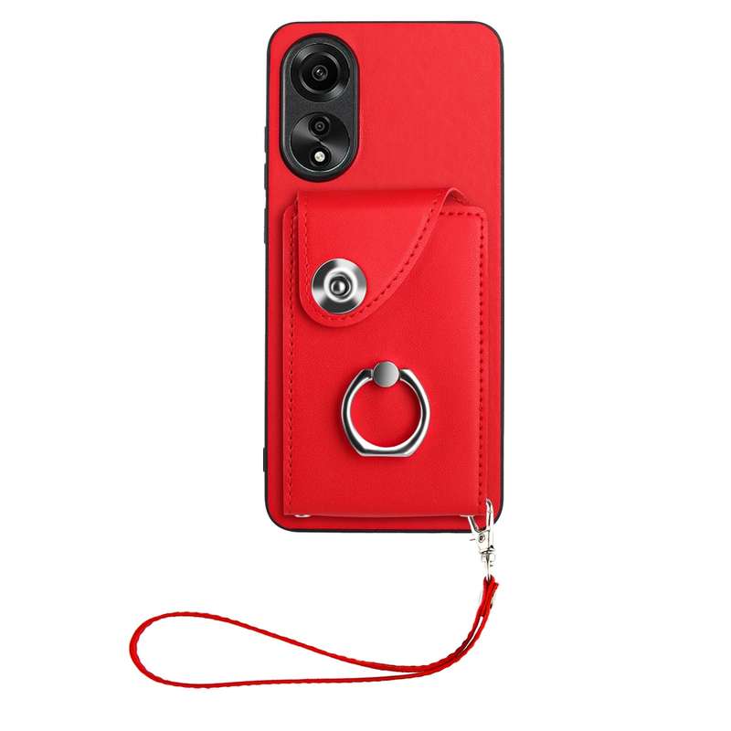 For OPPO A78 4G Global Organ Card Bag Ring Holder PU Phone Case with Lanyard(Pink)