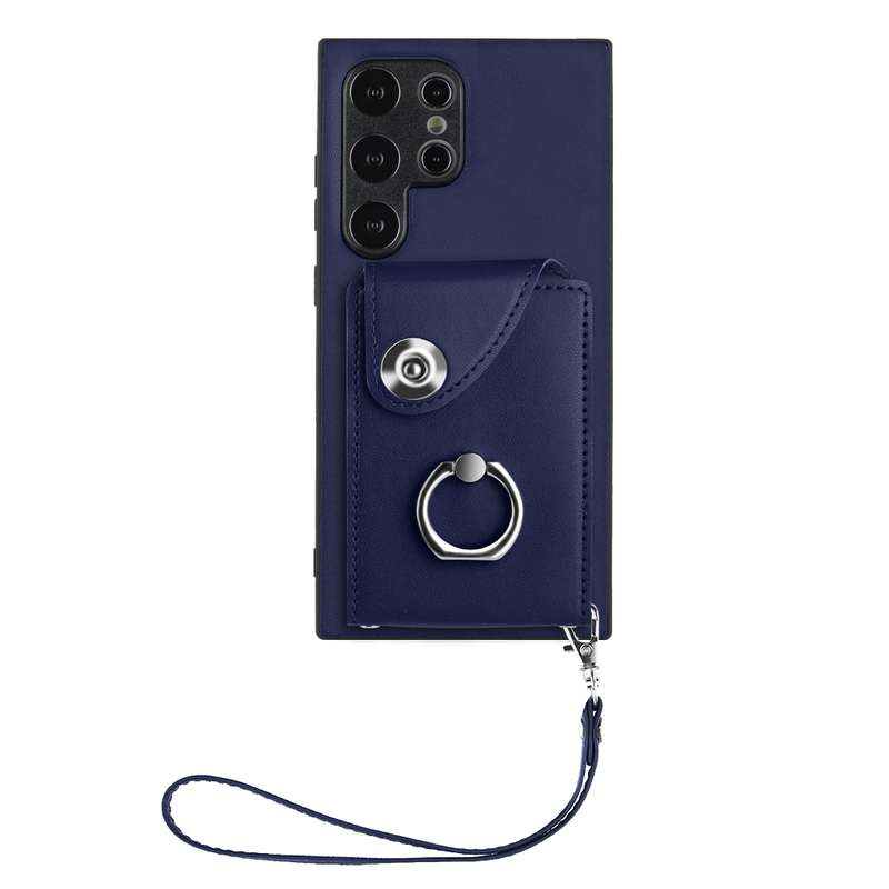 For Samsung Galaxy S24 Ultra 5G Organ Card Bag Ring Holder PU Phone Case with Lanyard(Black)