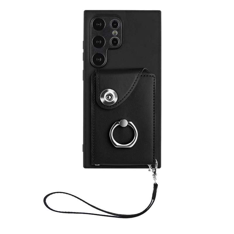 For Samsung Galaxy S24 Ultra 5G Organ Card Bag Ring Holder PU Phone Case with Lanyard(Black)