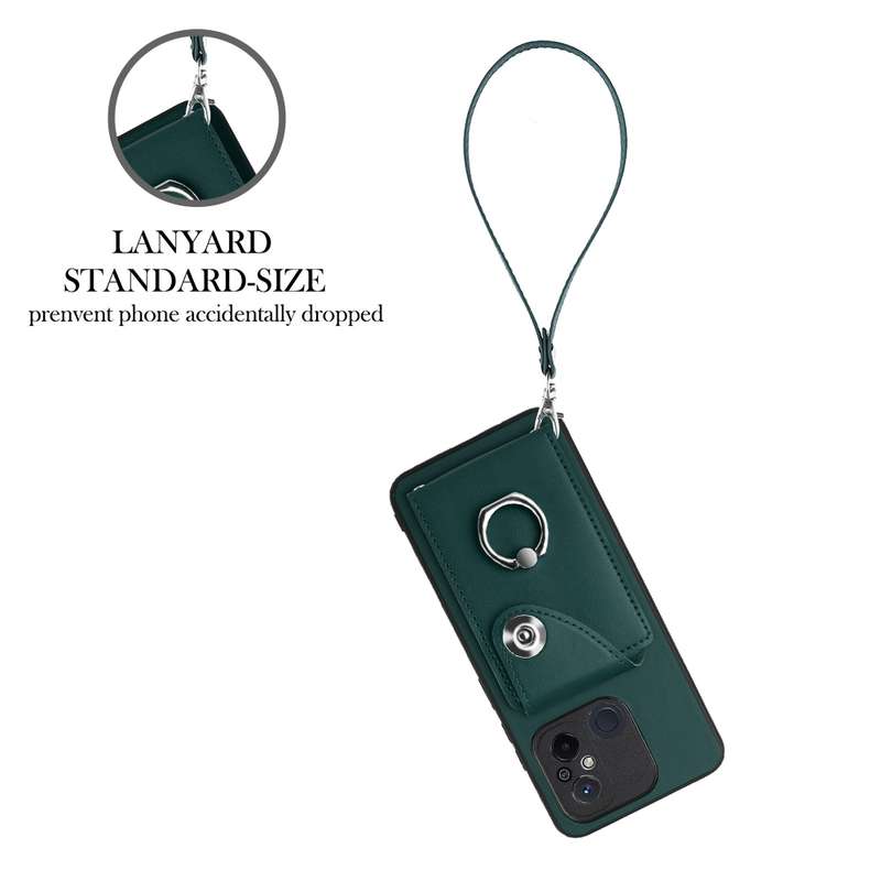For Xiaomi Redmi 12C/11A Organ Card Bag Ring Holder PU Phone Case with Lanyard(Green)