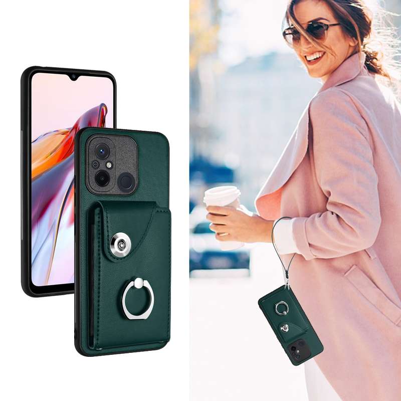 For Xiaomi Redmi 12C/11A Organ Card Bag Ring Holder PU Phone Case with Lanyard(Green)