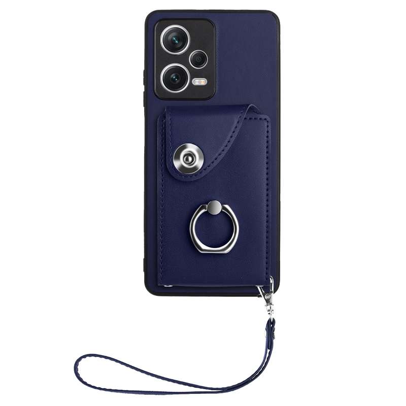 For Xiaomi Redmi Note 12 Pro 5G Global Organ Card Bag Ring Holder PU Phone Case with Lanyard(Bl