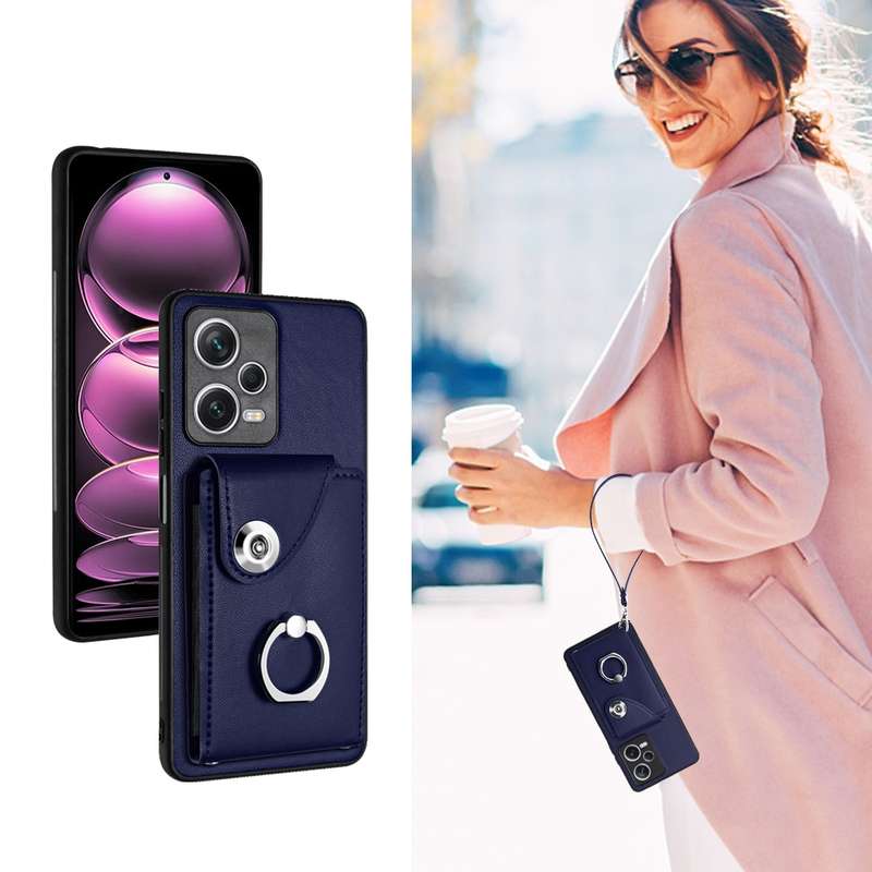 For Xiaomi Redmi Note 12 Pro 5G Global Organ Card Bag Ring Holder PU Phone Case with Lanyard(Bl