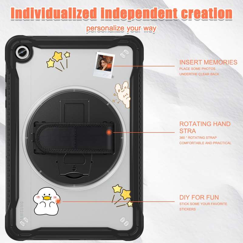 For Samsung Galaxy Tab A9+ X210/X215 Heavy Duty Hybrid Tablet Case with Handle & Strap(Clear Black)