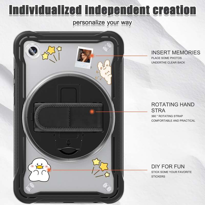 For Samsung Galaxy Tab A9 X110/X115 Heavy Duty Hybrid Tablet Case with Handle & Strap(Clear Black)