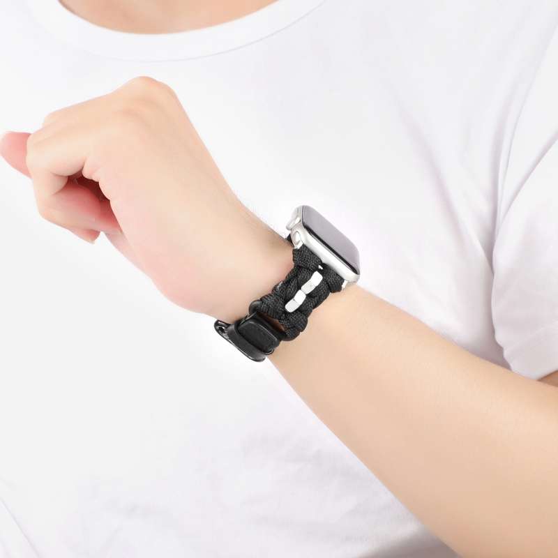 For Apple Watch SE 2023 44mm Paracord Genuine Leather Watch Band(Black)