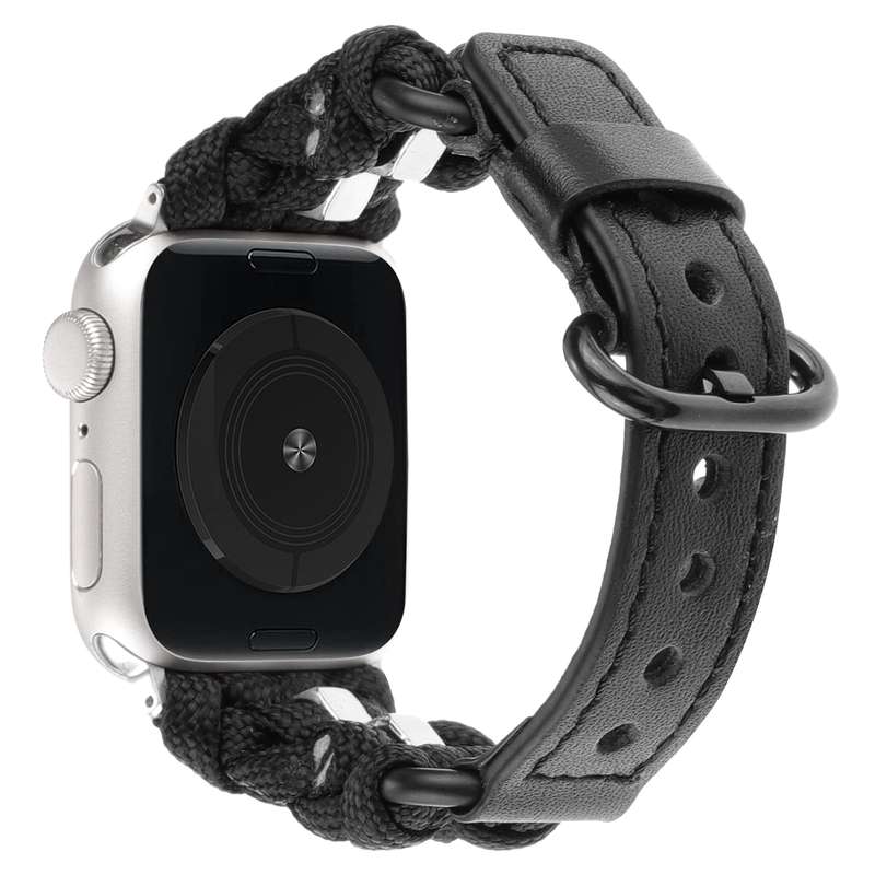 For Apple Watch SE 2023 44mm Paracord Genuine Leather Watch Band(Black)