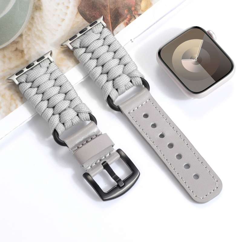 For Apple Watch Series 4 44mm Plain Paracord Genuine Leather Watch Band(Grey)