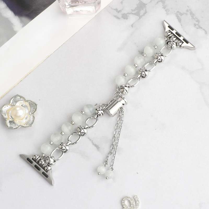 For Apple Watch Series 4 44mm Pearl Chain Metal Bracelet Watch Band(White Silver)