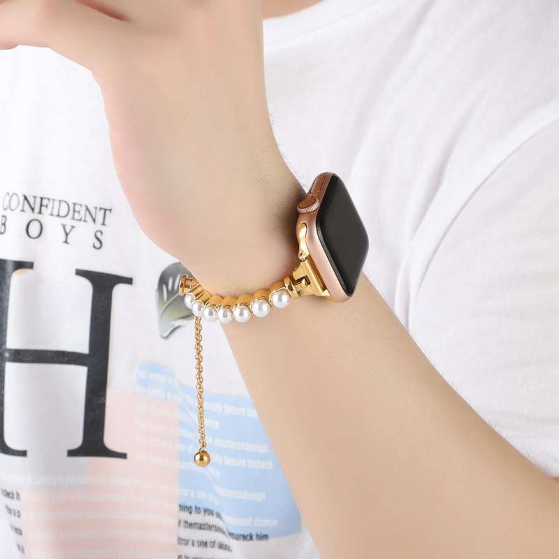 For Apple Watch Series 8 41mm Pearl Bracelet Metal Watch Band(Gold)