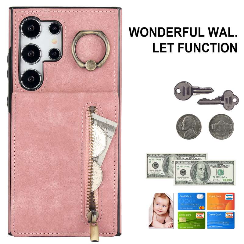 For Samsung Galaxy S24 Ultra 5G Retro Ring and Zipper RFID Card Slot Phone Case(Brown)