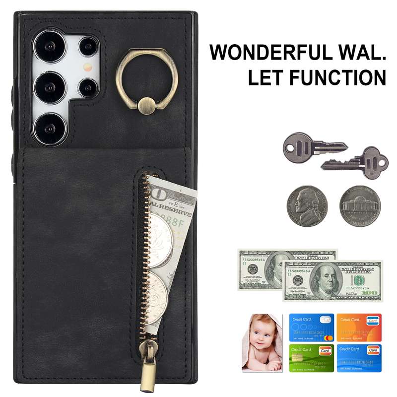 For Samsung Galaxy S24 Ultra 5G Retro Ring and Zipper RFID Card Slot Phone Case(Brown)