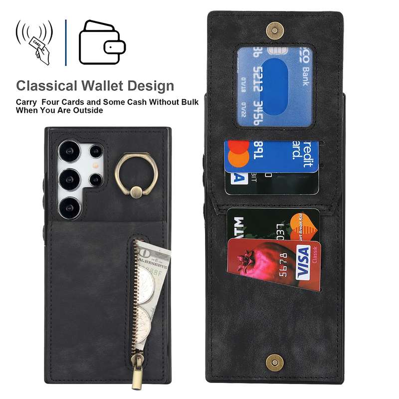 For Samsung Galaxy S24 Ultra 5G Retro Ring and Zipper RFID Card Slot Phone Case(Brown)