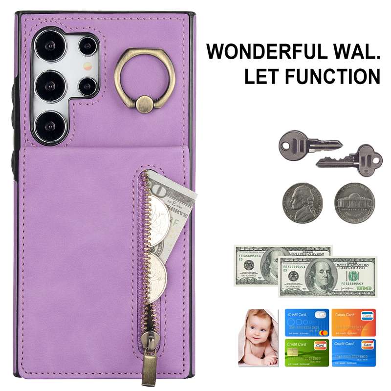 For Samsung Galaxy S24 Ultra 5G Retro Ring and Zipper RFID Card Slot Phone Case(Brown)