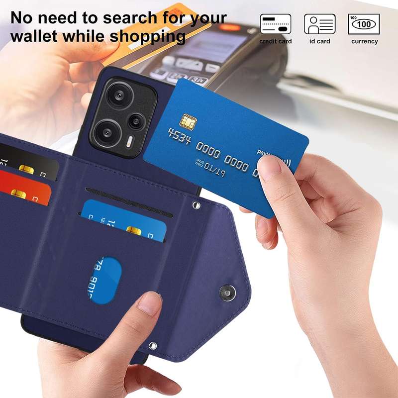 For Xiaomi Redmi Note 12 Turbo Rhombic Texture Card Bag RFID Phone Case with Long Lanyard(Dark