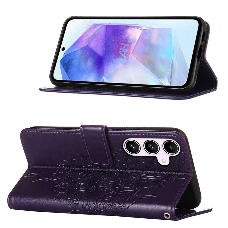 For Samsung Galaxy A55 Embossed Butterfly Leather Phone Case(Dark Purple)