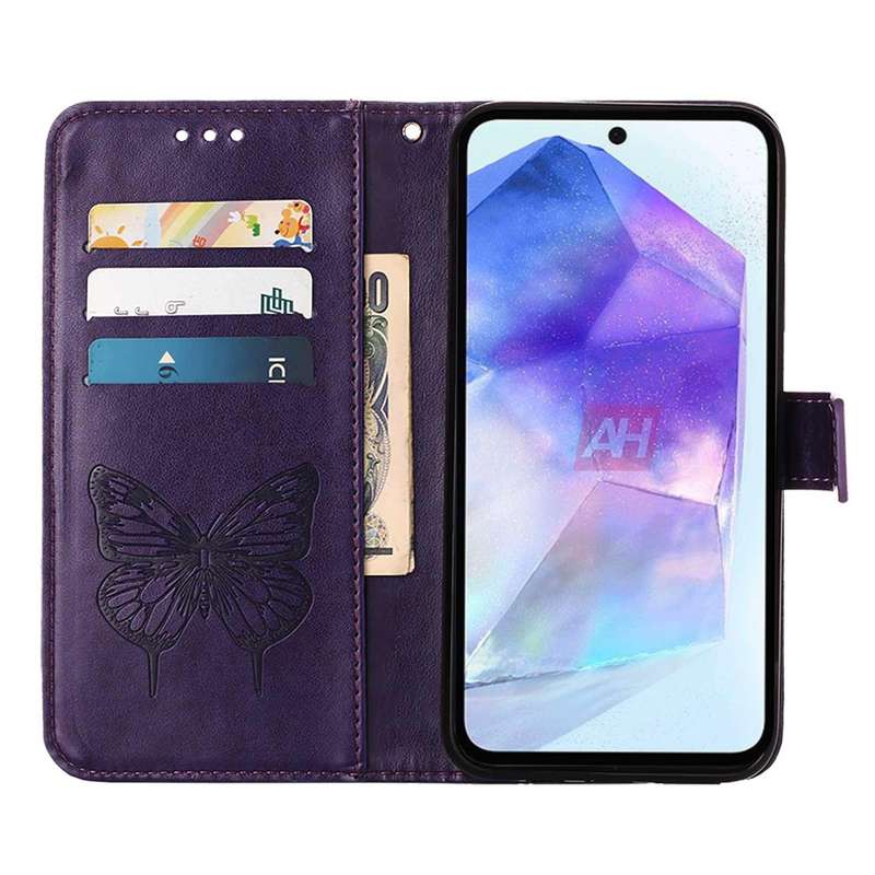 For Samsung Galaxy A55 Embossed Butterfly Leather Phone Case(Dark Purple)