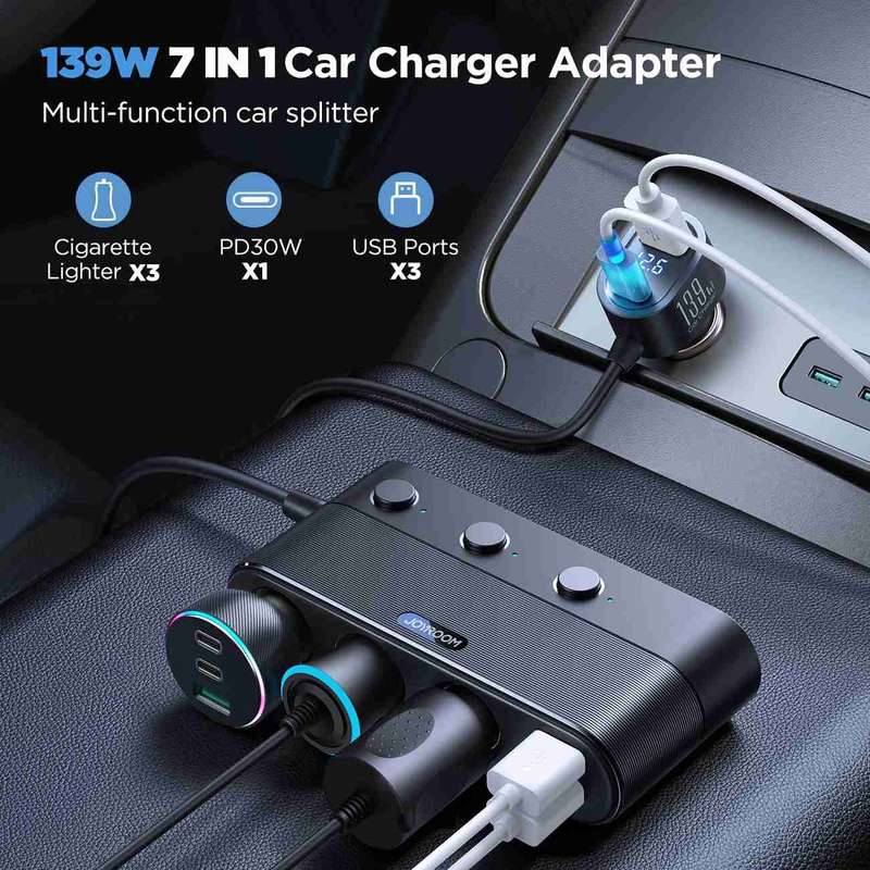 JOYROOM JR-CCL01 139W 7 in 1 Cigarette Lighter Splitter Car Charger(Black)