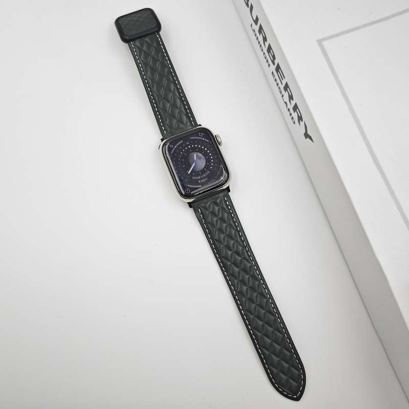 For Apple Watch 38mm Rhombus Pattern Magnetic Square Buckle Leather Watch Band(Dark Green)