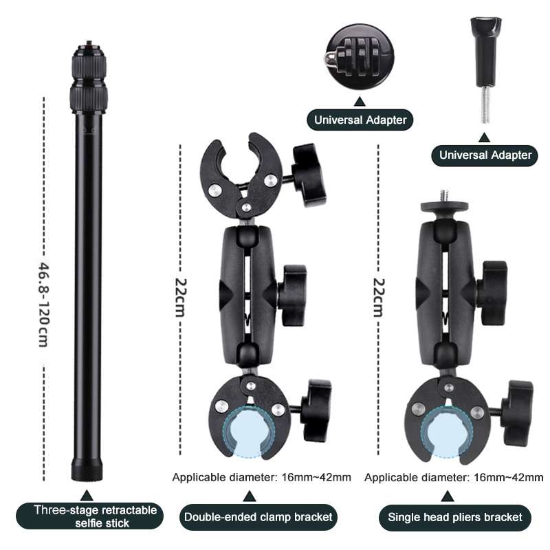 Dual-heads Crab & Single Heads Motorcycle Clamps Handlebar Fixed Mount 3-stage Telescopic Selfie Sti